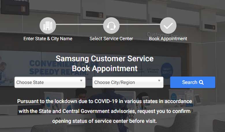 choose state and city for samsung appointment booking