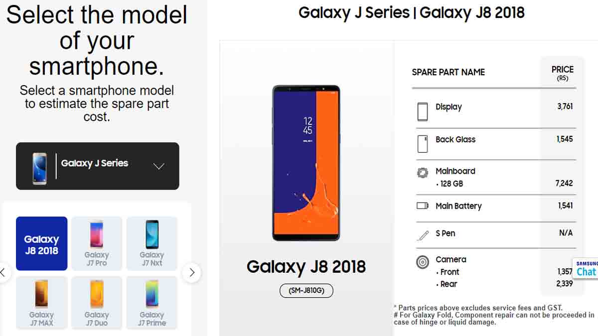 samsung galaxy J8 display battery spare parts price in service center