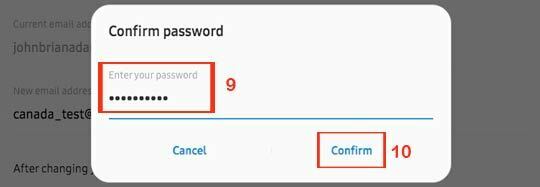 change samsung account email id  confirm password