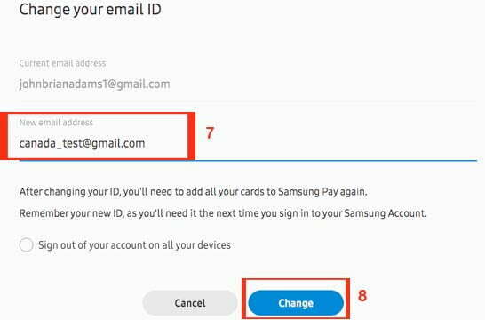 change samsung account email id provide email id