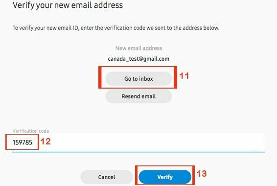 change samsung account email id verify mail address