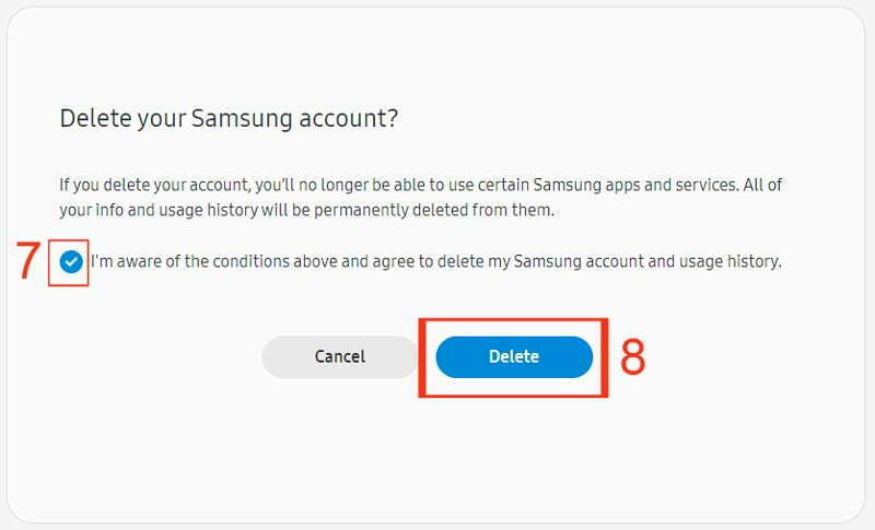 samsung account accept warning while initiating account delete process