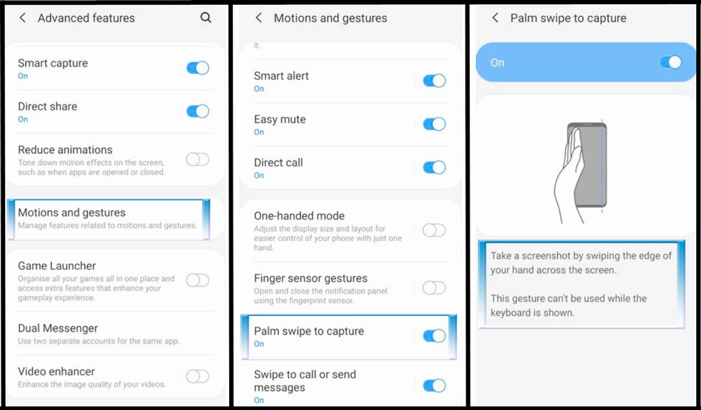how to enable plam swipe option to capture screenshot