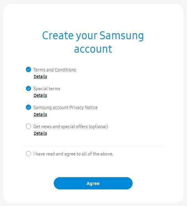 samsung account creation accept terms & conditions