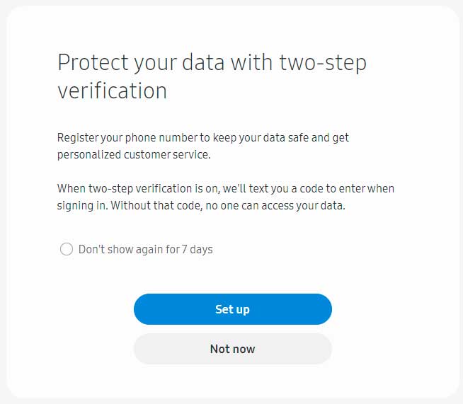 samsung account creation two steps verification