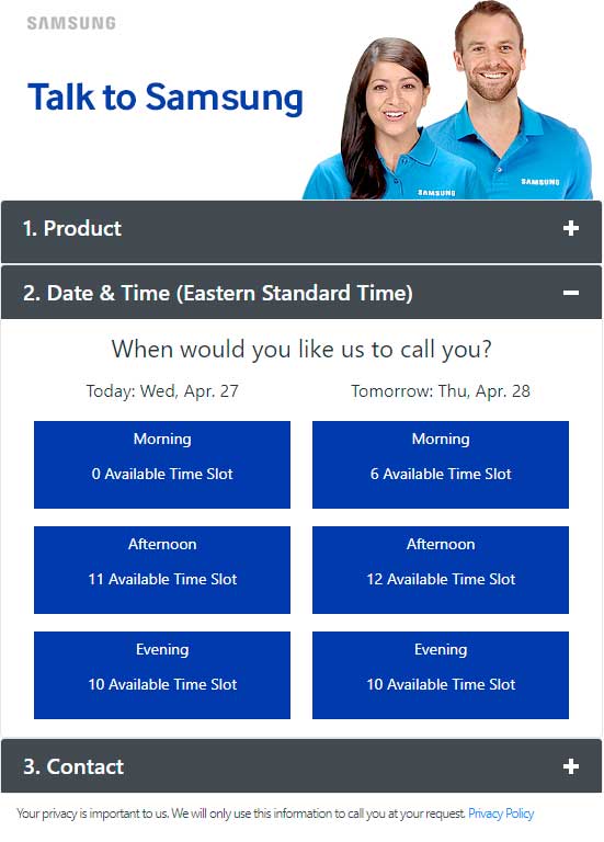 samsung call back service date and time selection