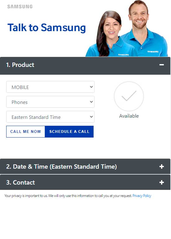 samsung call back service product selection