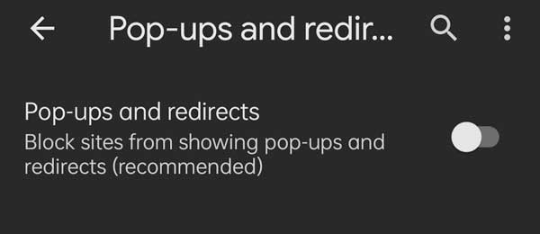 disable pop-ups and redirects option in google chrome settings to block advertisement in android phone