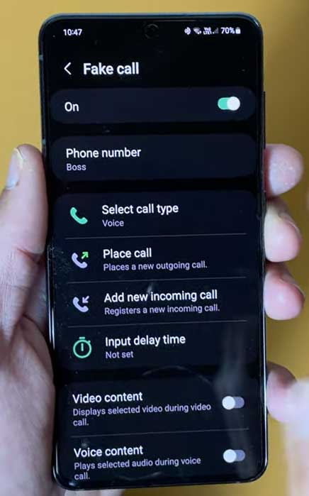 enable incoming fake call feature in samsung