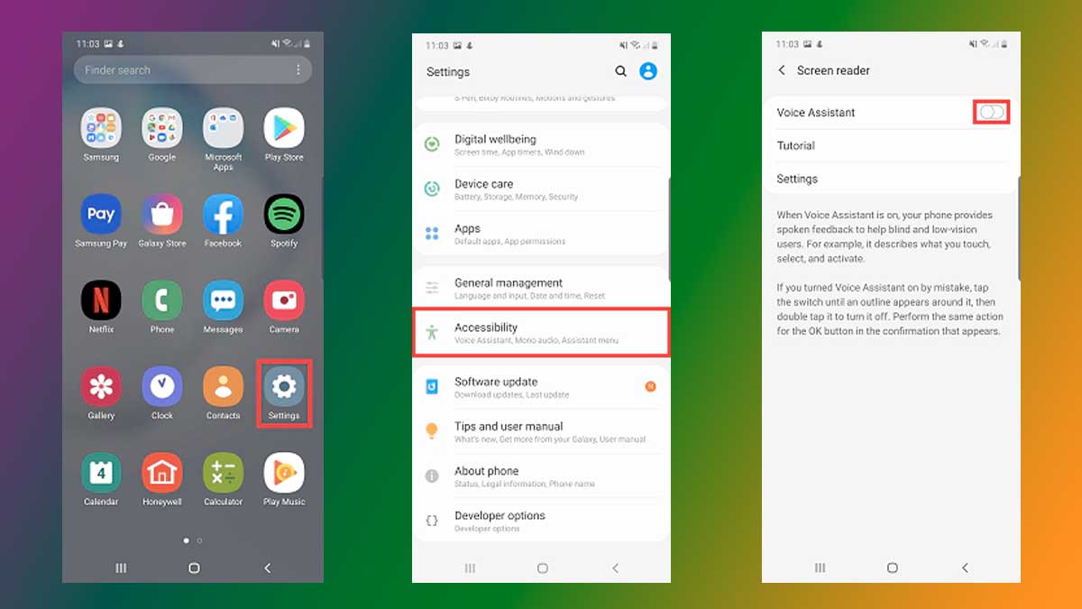 how to stop voice assistant & disable talkback in samsung