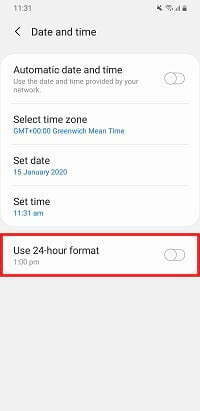 disable user 24 hour format to set samsung phone clock format to 12 hours