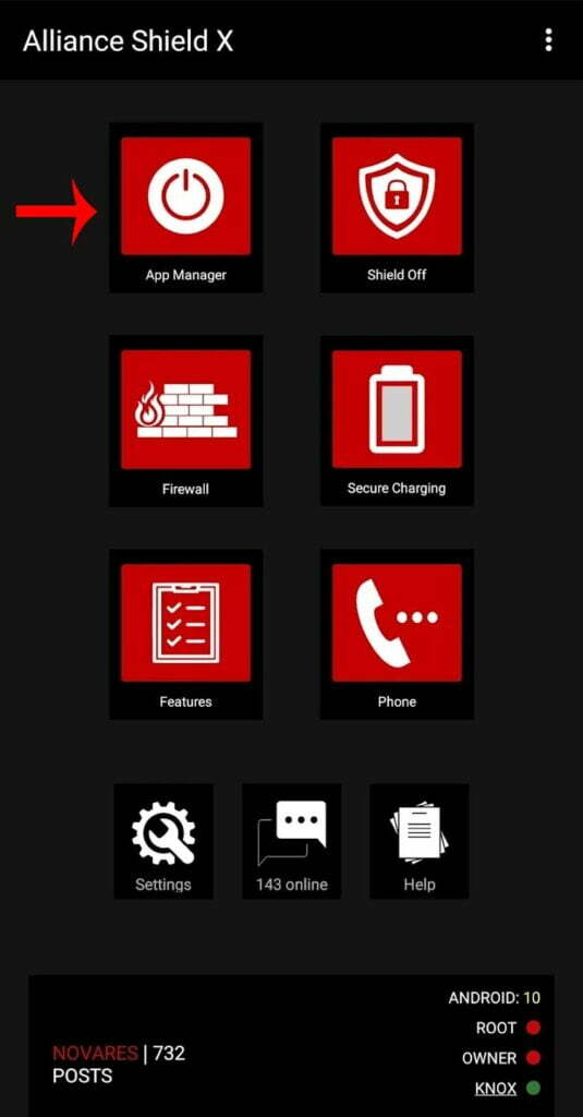 alliance shield app interface with App manager option