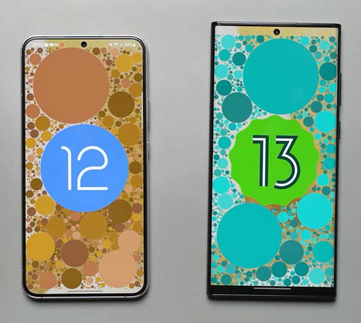 samsung galaxy phones with android 12 and android 13 are kept side by side