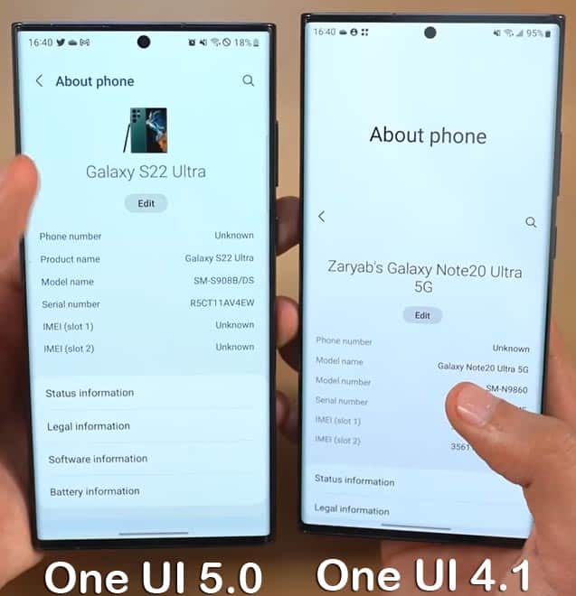 samsung one ui 5.0 vs one ui 4.1 about option
