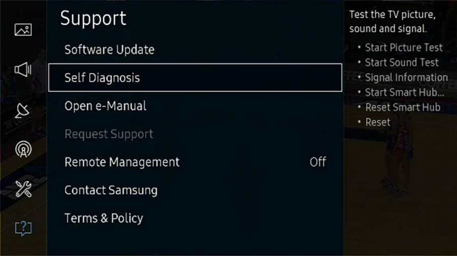 samsung tv self diagnose option in settings