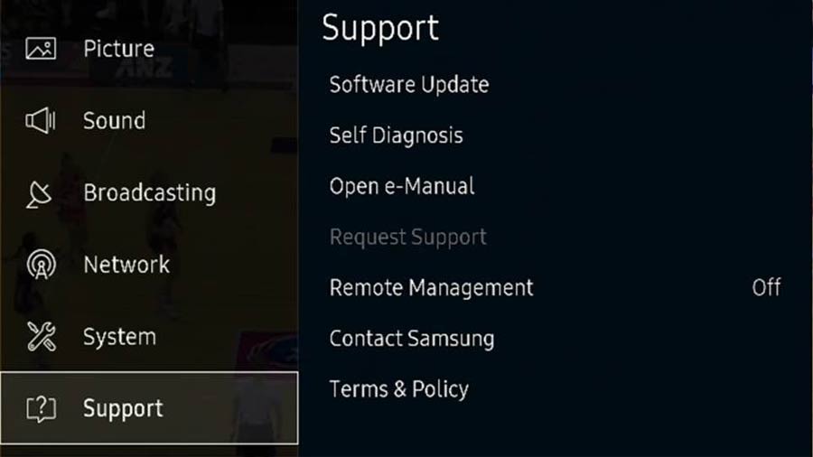 samsung tv support option in settings