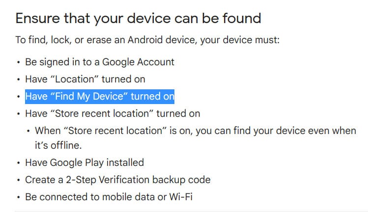 google find my device requirements to track a android mobile