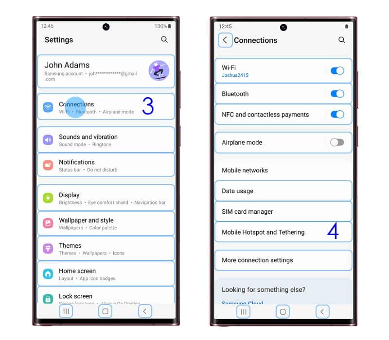 samsung connections and hotspot settings