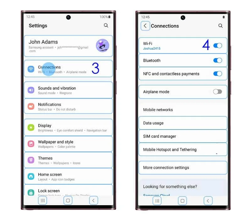 samsung connections and wifi settings