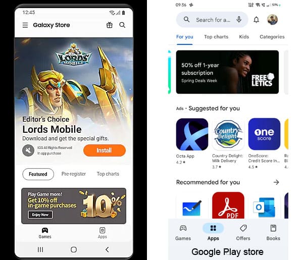 samsung apps store vs google play store user interface ui