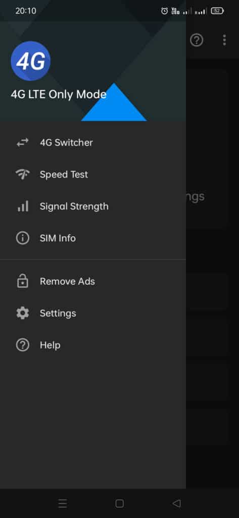 4G LTE Only mode app menu options