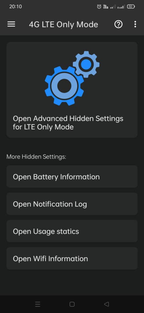4G LTE Only mode app homepage user interface