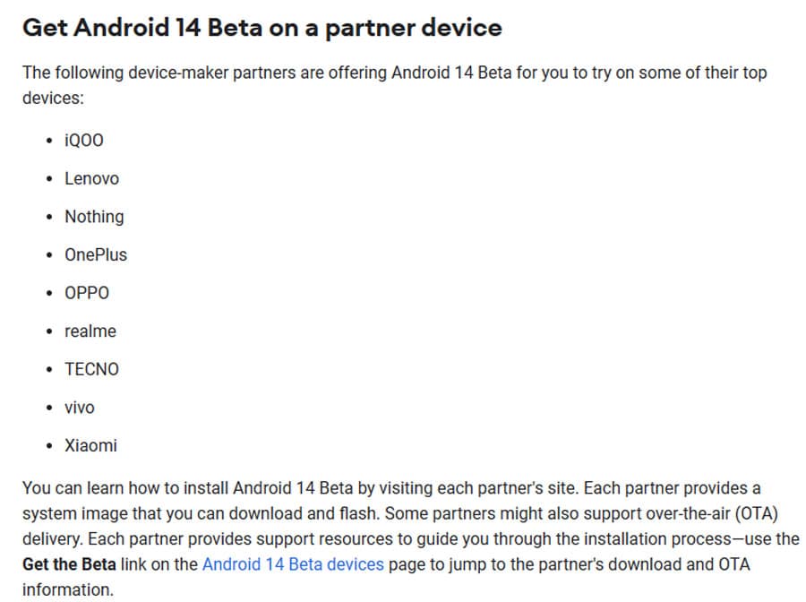 android 14 beta testing smartphone brands
