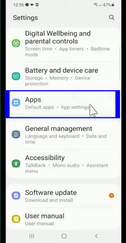 apps option in settings in samsung phone