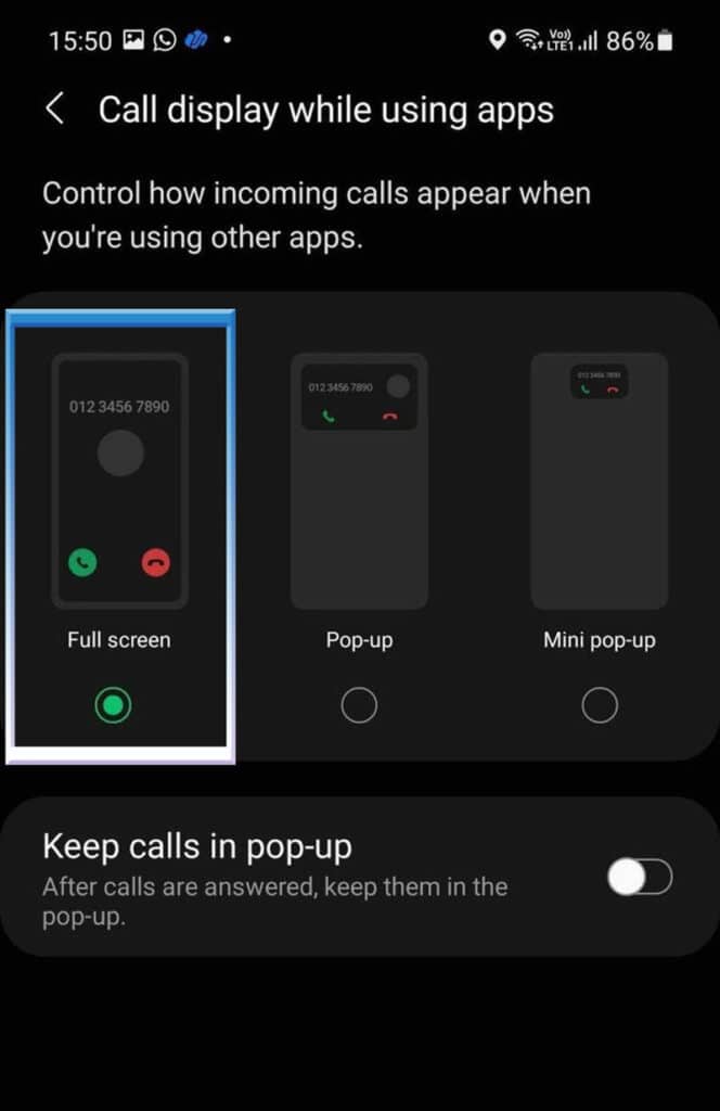 check full screen to solve incoming call not showing on Samsung phone