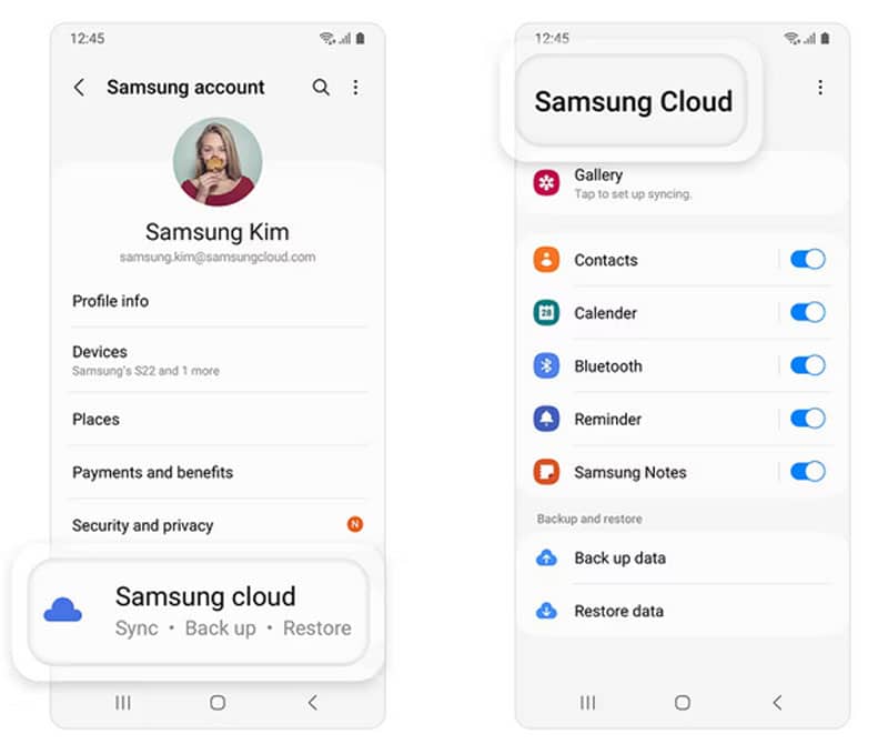 samsung cloud account backup and restore options