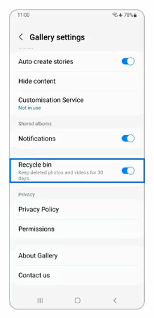 recycle bin option in gallery app
