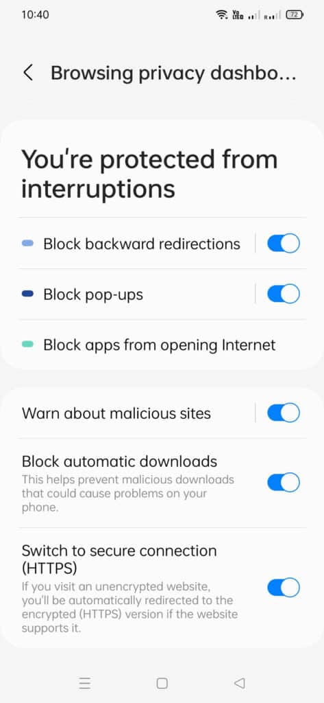 samsung internet block pop up and backward redirections