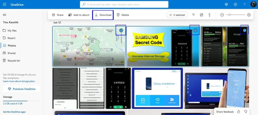 select photos in onedrive to download