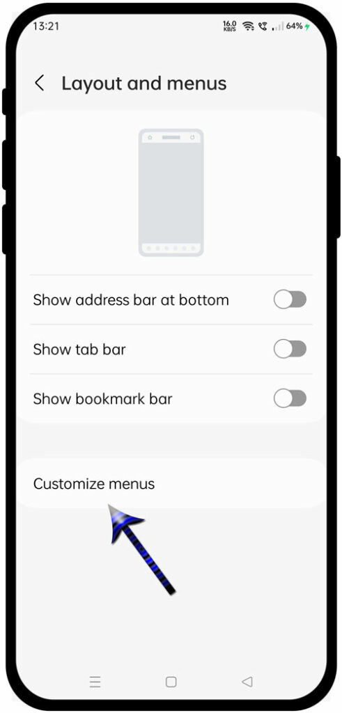 customize menus option in samsung browser