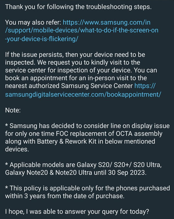 samsung green line on screen free replacement