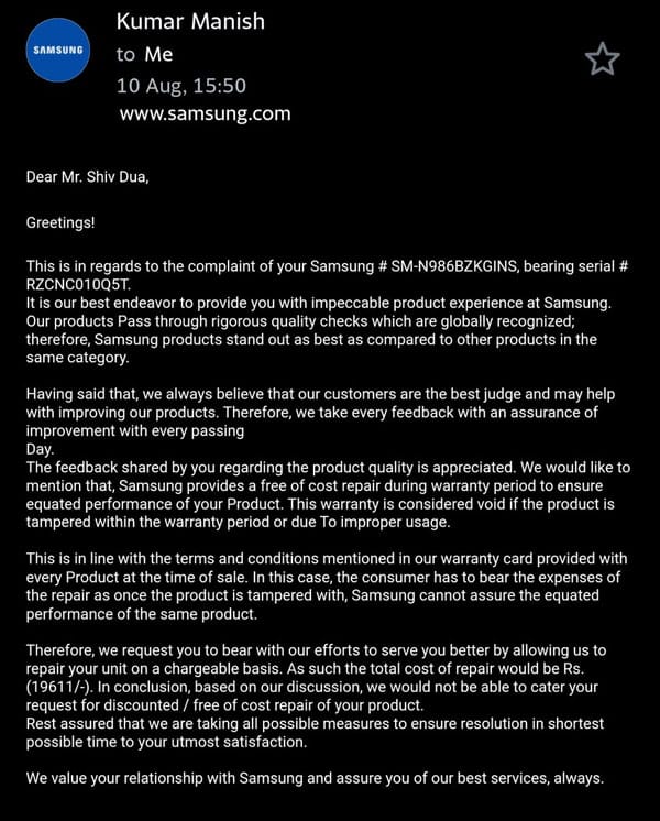 samsung reply to galaxy phone user on green line on screen issue