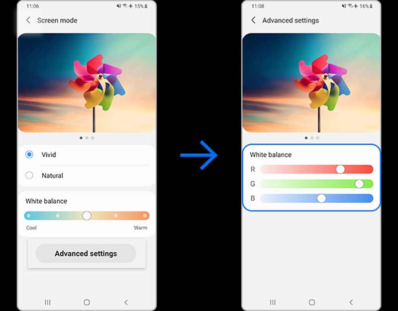 samsung display color vivid mode white balance settings